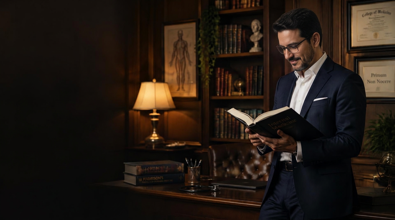 Médico em pé lendo um livro em seu consultório elegante